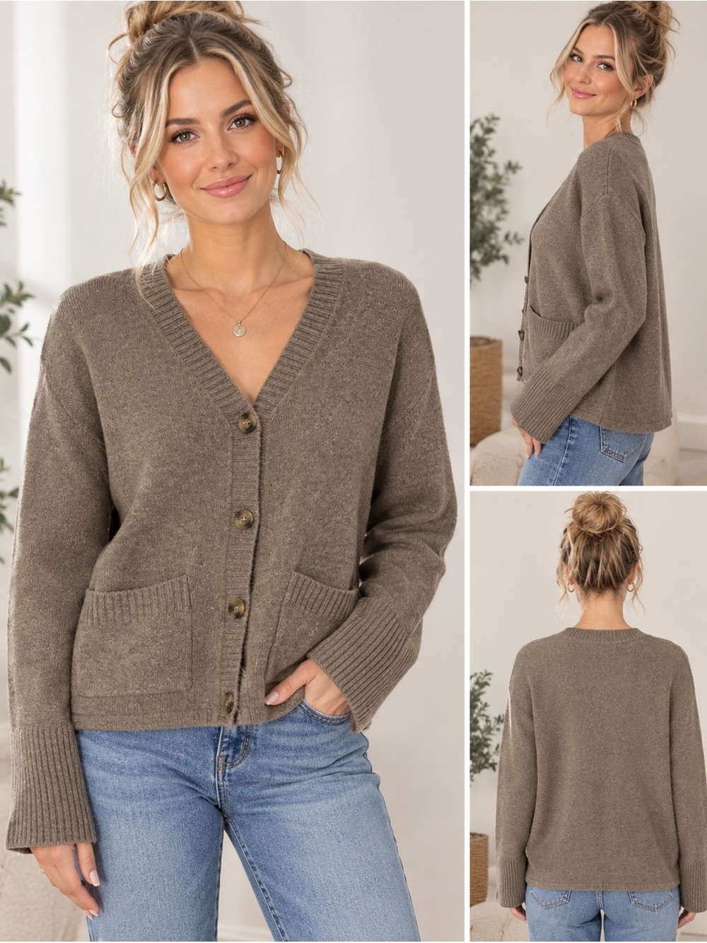 House of Harlow 1960 Taupe Button-Front V-Neck Cardigan